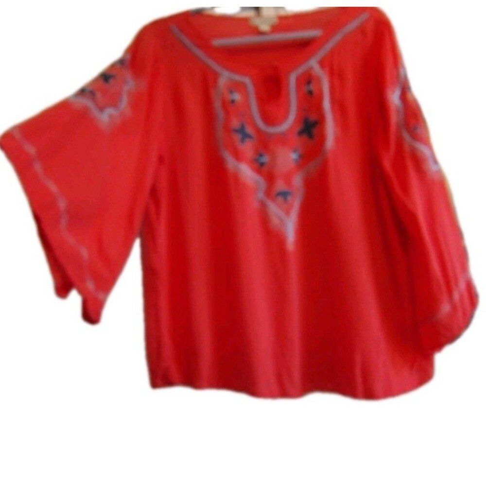 Live And Let Live Embroidered Boho Peasant Blouse Orange Red Size L - Picture 8 of 16